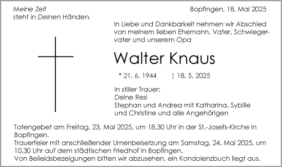 Traueranzeige von Walter Knaus von Schwäbische Post