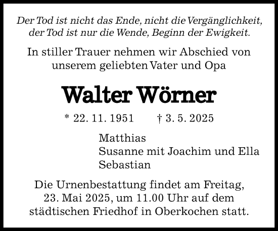 Traueranzeige von Walter Wörner von Schwäbische Post