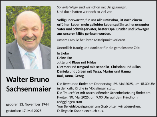 Traueranzeige von Walter Bruno Sachsenmaier von Gmünder Tagespost