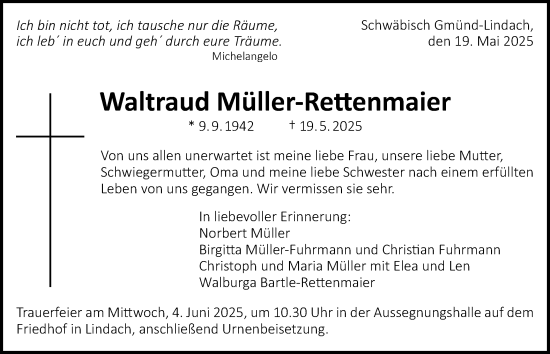 Traueranzeige von Waltraud Müller-Rettenmaier von Gmünder Tagespost