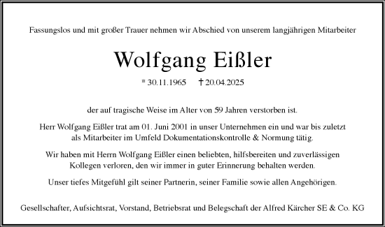 Traueranzeige von Wolfgang Eißler von Schwäbische Post