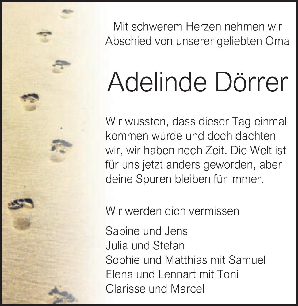  Traueranzeige für Adelinde Dörrer vom 06.06.2025 aus Schwäbische Post