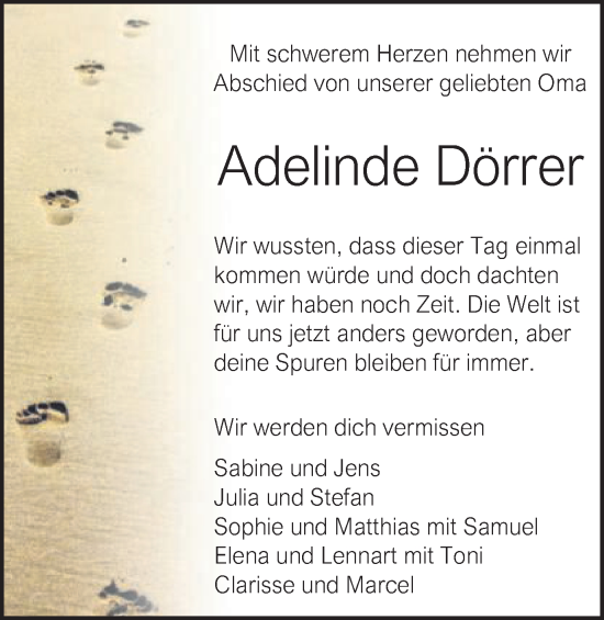 Traueranzeige von Adelinde Dörrer von Schwäbische Post