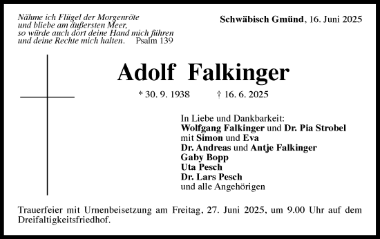 Traueranzeige von Adolf Falkinger von Gmünder Tagespost