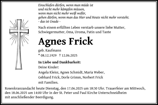 Traueranzeige von Agnes Frick von Schwäbische Post