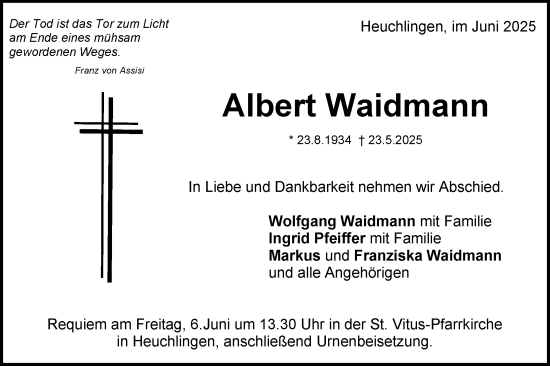 Traueranzeige von Albert Waidmann von Gmünder Tagespost