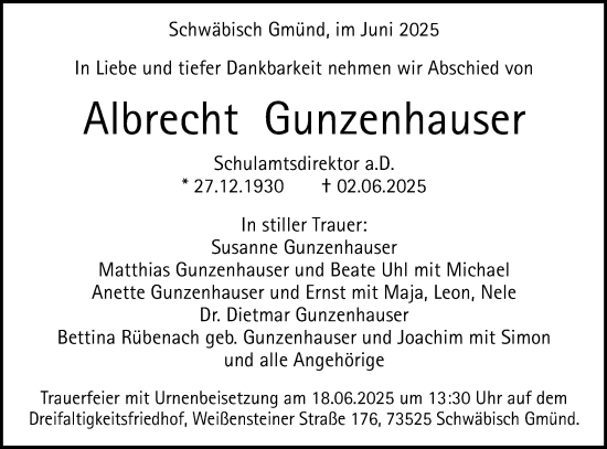 Traueranzeige von Albrecht Gunzenhauser von Schwäbische Post