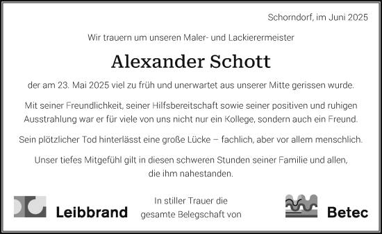Traueranzeige von Alexander Schott von Gmünder Tagespost