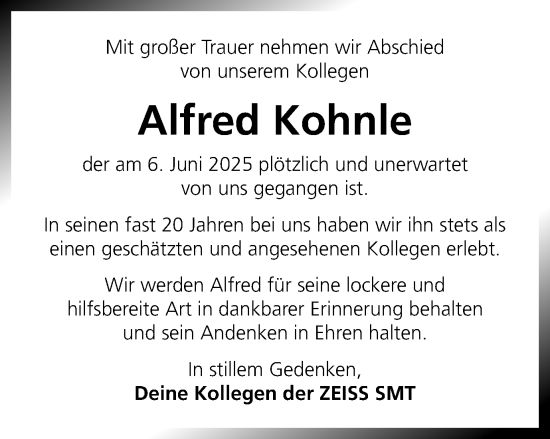 Traueranzeige von Alfred Kohnle von Schwäbische Post