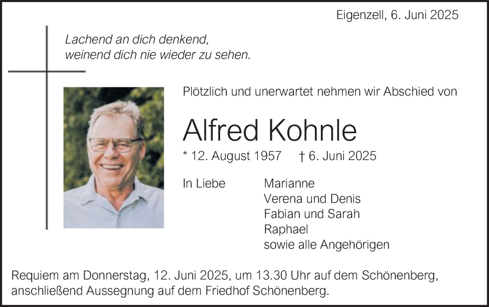  Traueranzeige für Alfred Kohnle vom 11.06.2025 aus Schwäbische Post