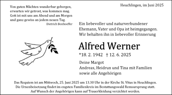 Traueranzeige von Alfred Werner von Gmünder Tagespost