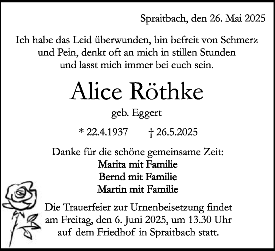Traueranzeige von Alice Röthke von Gmünder Tagespost