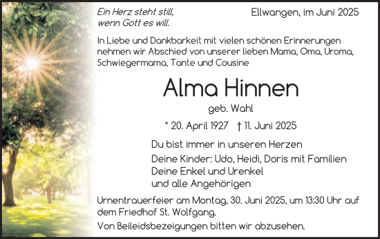 Traueranzeige von Alma Hinnen von Schwäbische Post