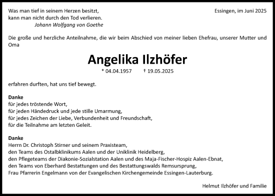 Traueranzeige von Angelika Ilzhöfer von Schwäbische Post