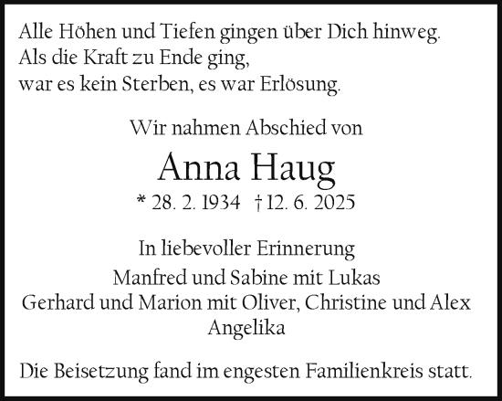 Traueranzeige von Anna Haug von Gmünder Tagespost