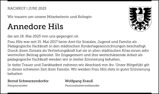 Traueranzeige von Annedore Hils von Schwäbische Post