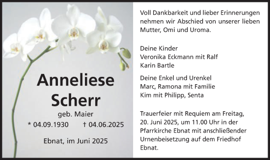 Traueranzeige von Anneliese Scherr von Schwäbische Post