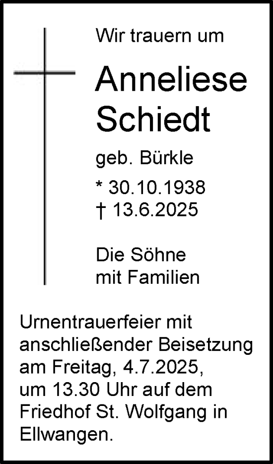 Traueranzeige von Anneliese Schiedt
