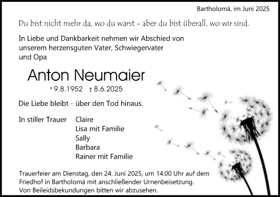 Traueranzeige von Anton Neumaier von Gmünder Tagespost