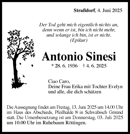 Traueranzeige von Antonio Sinesi von Gmünder Tagespost