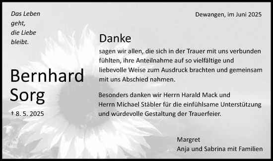 Traueranzeige von Bernhard Sorg von Schwäbische Post