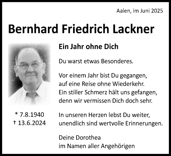 Traueranzeige von Bernhard Friedrich Lackner von Schwäbische Post