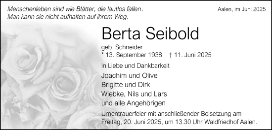 Traueranzeige von Berta Seibold von Schwäbische Post