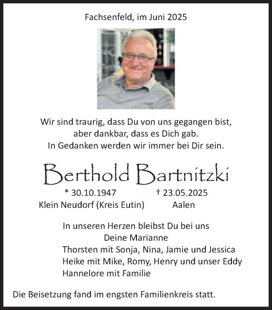 Traueranzeige von Berthold Bartnitzki von Schwäbische Post