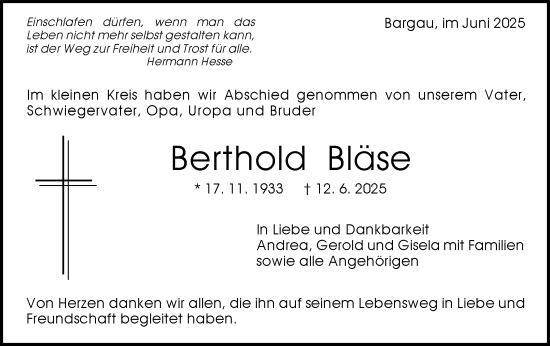 Traueranzeige von Berthold Bläse von Gmünder Tagespost
