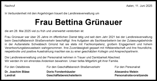 Traueranzeige von Bettina Grünauer von Gmünder Tagespost