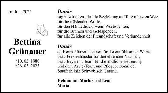 Traueranzeige von Bettina Grünauer von Gmünder Tagespost