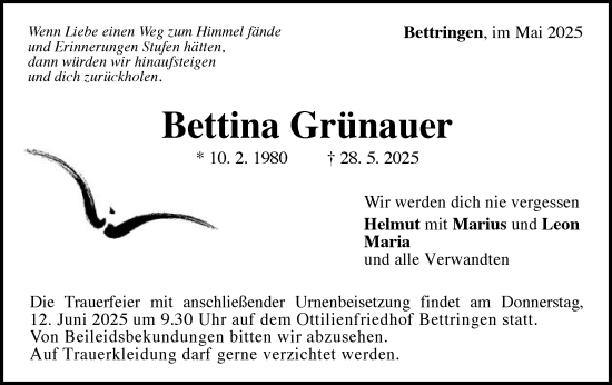 Traueranzeige von Bettina Grünauer von Gmünder Tagespost