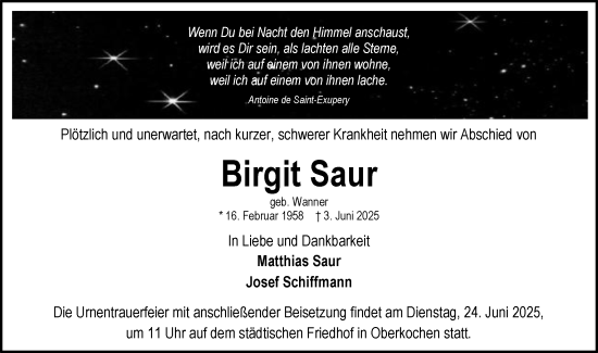 Traueranzeige von Birgit Saur von Schwäbische Post