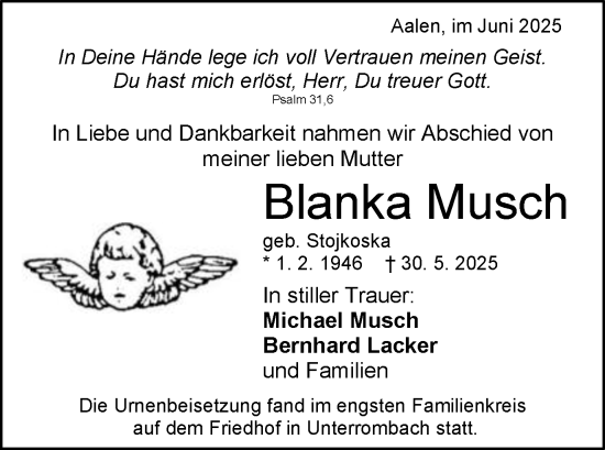 Traueranzeige von Blanka Musch von Schwäbische Post