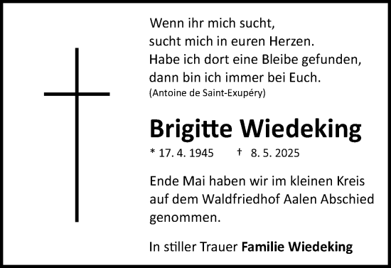 Traueranzeige von Brigitte Wiedeking von Schwäbische Post