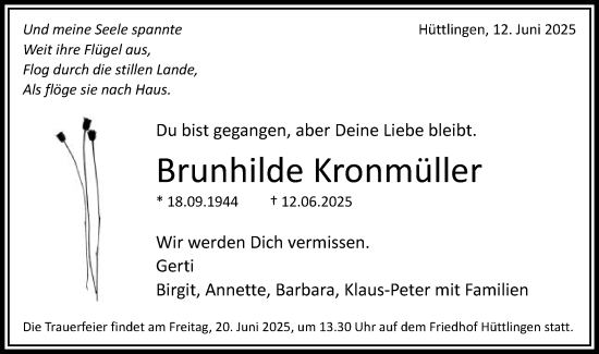 Traueranzeige von Brunhilde Kronmüller von Schwäbische Post