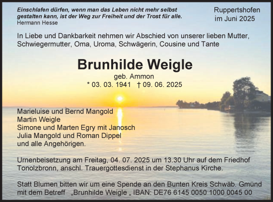 Traueranzeige von Brunhilde Weigle von Gmünder Tagespost