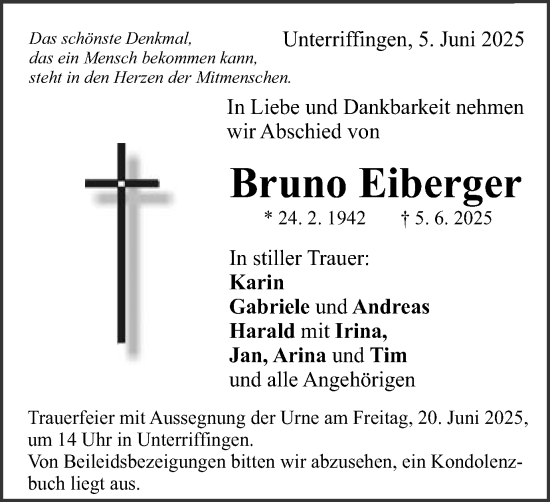 Traueranzeige von Bruno Eiberger von Schwäbische Post