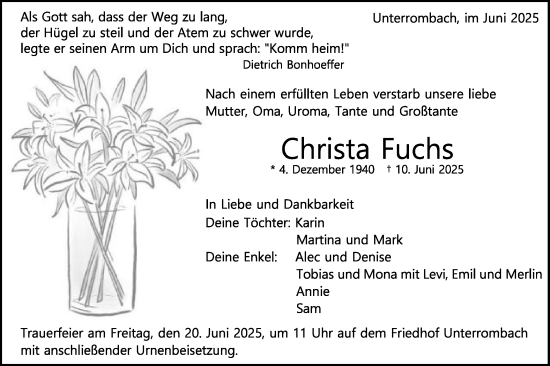 Traueranzeige von Christa Fuchs von Schwäbische Post
