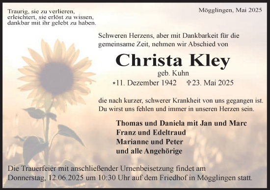 Traueranzeige von Christa Kley von Gmünder Tagespost