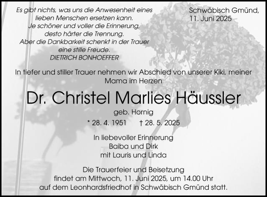 Traueranzeige von Christel Marlies Häussler von Gmünder Tagespost