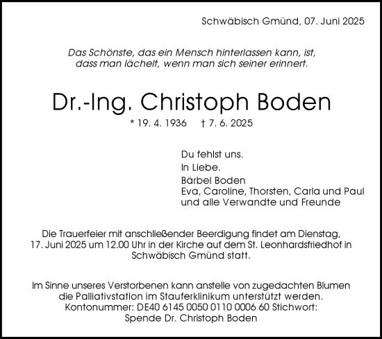 Traueranzeige von Christoph Boden von Gmünder Tagespost