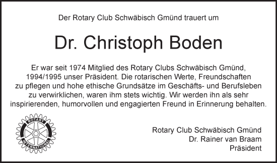 Traueranzeige von Christoph Boden von Gmünder Tagespost