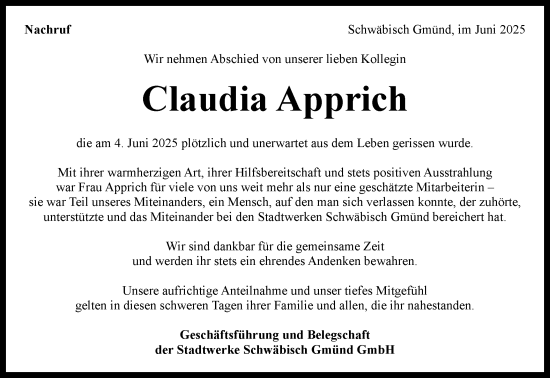 Traueranzeige von Claudia Apprich von Gmünder Tagespost