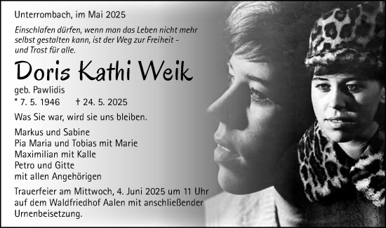 Traueranzeige von Doris Kathi Weik von Schwäbische Post