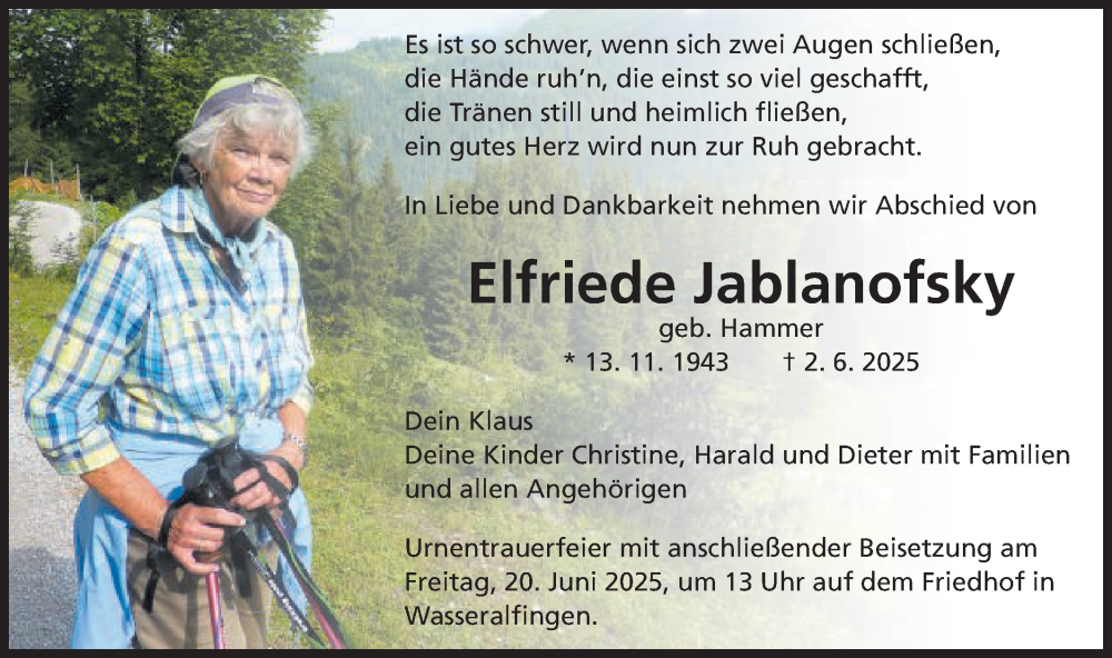 Traueranzeige für Elfriede Jablanofsky vom 14.06.2025 aus Schwäbische Post