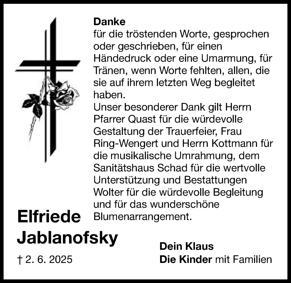  Traueranzeige für Elfriede Jablanofsky vom 28.06.2025 aus Schwäbische Post