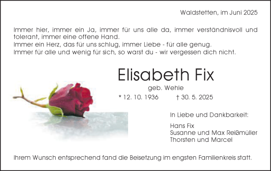 Traueranzeige von Elisabeth Fix von Gmünder Tagespost