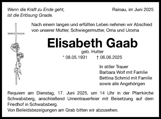 Traueranzeige von Elisabeth Gaab von Schwäbische Post