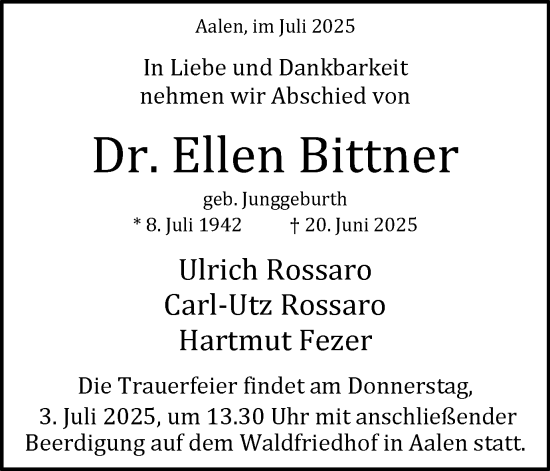 Traueranzeige von Ellen Bittner von Schwäbische Post
